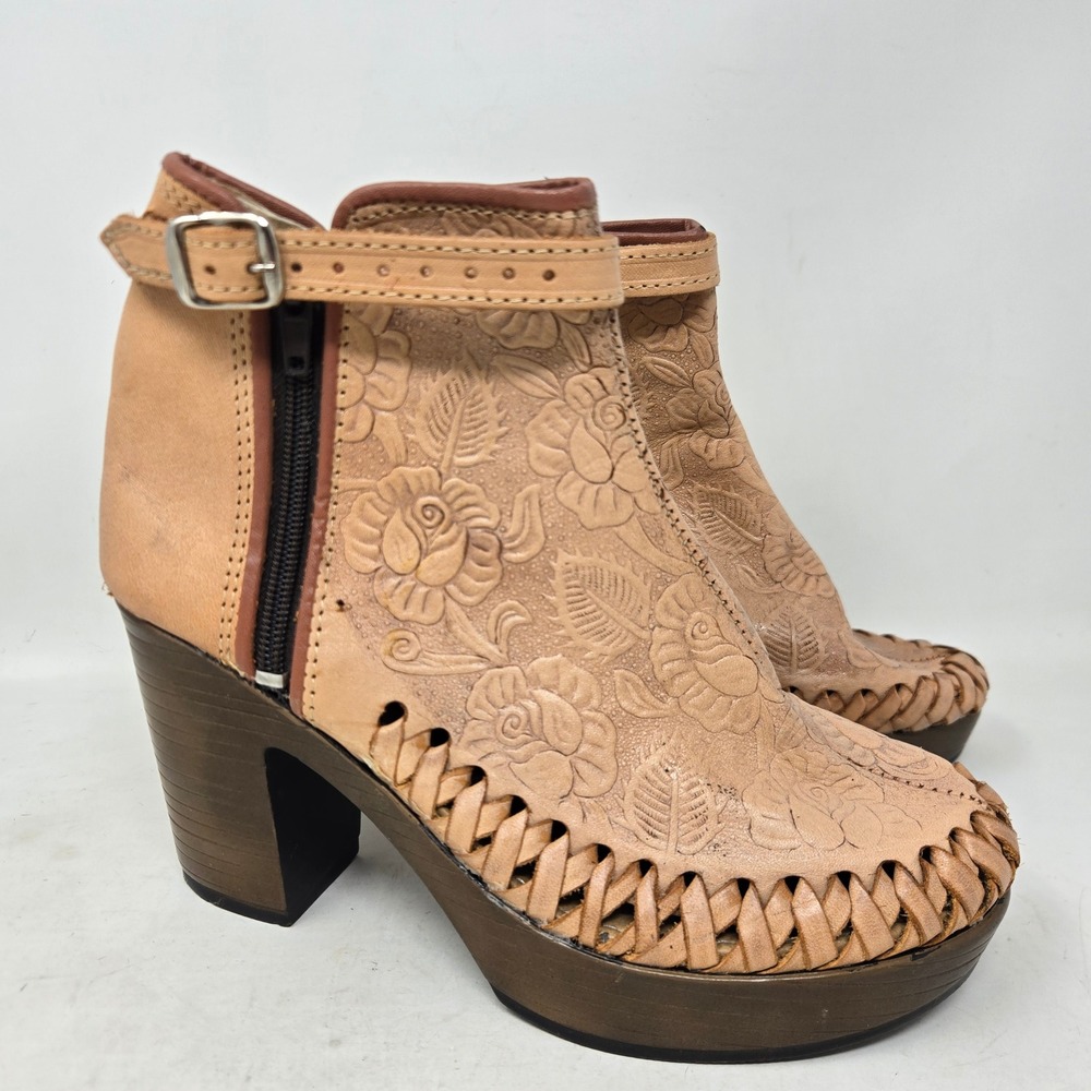 Handmade Mexican Floral Tooled Leather Huarache Platform Ankle Boots Tan Size 7